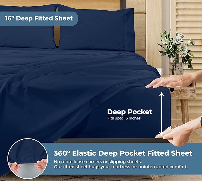 ROYALE LINENS 100% Organic Cotton King Sheet Set - Percale Weave - 4 Pieces Set - 1 Flat, 1 Deep Pocket Fitted Sheet and 2 Pillowcases - Navy Bed Sheets - Sábanas King - Crisp Cool (Navy)