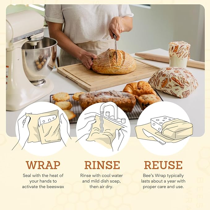 Bee's Wrap Beeswax Wraps for Bread - Beeswax Bread Wrap for Sourdough & Bread Storage - Plastic Free Made in USA Reusable Natural Food Wrap - Bakery Lane