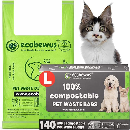 100% Compostable Pet Waste Disposal Bag (140 ct.) Plant-Based Cat Litter Poop Waste Pick-Up Bags with Handles Dog poop Bags Disposable Compost Food Scrap Liners (140 ct.)