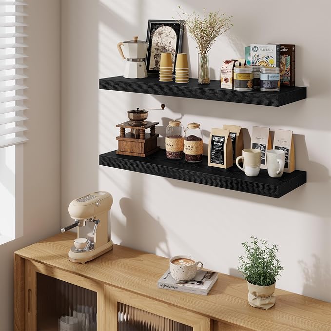 Fun Memories Floating Shelves for Wall 36 Inches, Wood Shelves with Invisible Bracket, 10" Deep Shelves Wall Mounted, Large Wood Floating Shelves for Living Room Bathroom, Black, Set of 3