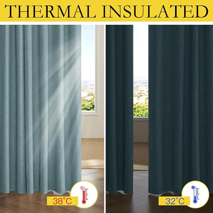 NICETOWN Skylark Blue Blackout Linen Curtains 95" Long, Rod Pocket Back Tab Full Light Blocking Drapes with White Thermal Insulated Liner for Nursery, Hall, Villa (2 Pieces, 52" Wide Each Panel)