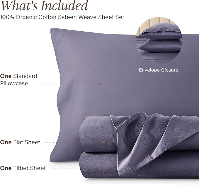 Bare Home 100% Organic Cotton Twin Extra Long Sheet Set - 400 Thread Count - Smooth Sateen Weave - Breathable & Cooling - Hotel Luxury Set - Deep Pocket Bed Sheets (Twin XL, Dusty Purple)
