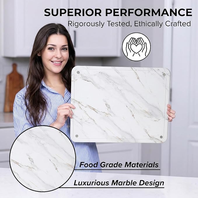 LARGE MATMOSPHERE Stone Dish Drying Mat for Kitchen Counter – Fast Absorbing Diatomaceous Mat with Stainless Steel Legs, Quick Dry, Dish Rack Mat, USA Small Business, 18”x14”, White Marble