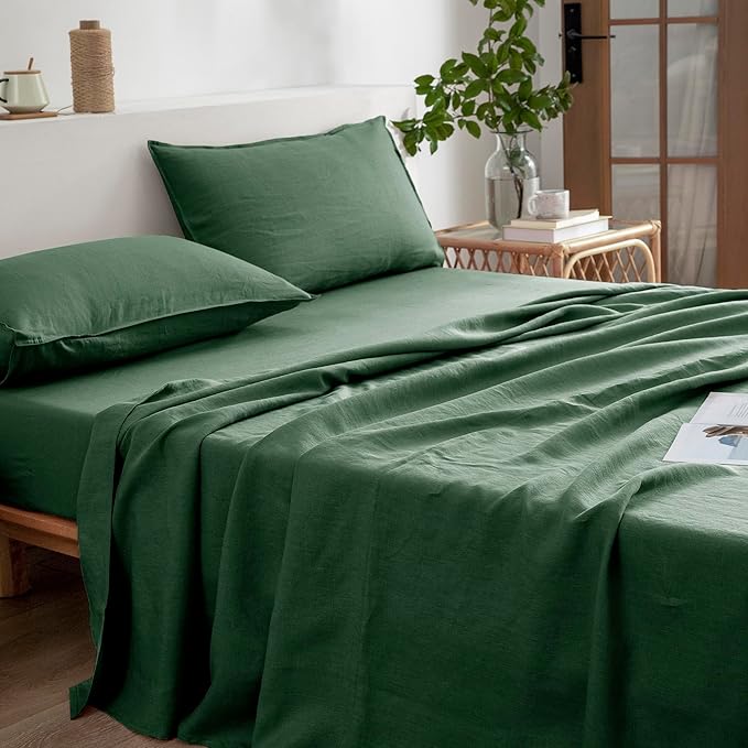 EVERLY Linen Queen Size Sheets Set,100% French Washed Pure Linen Bed Deep Pocket Sheets,4Pieces(1Flat Sheet,1Fitted Sheet,2Pillowcases) Suitable for Hot Sleepers,180GSM Dark Green Bedding Set