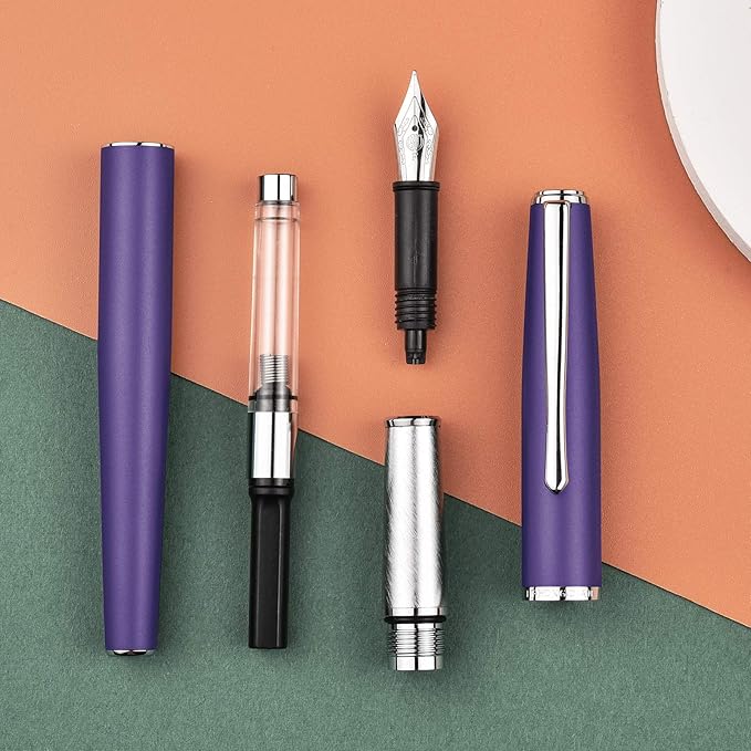 Hongdian 920 Purple Metal Fountain Pen, Steel Fine Point Classic Pen, Includes Refillable Converter and Pen Pouch