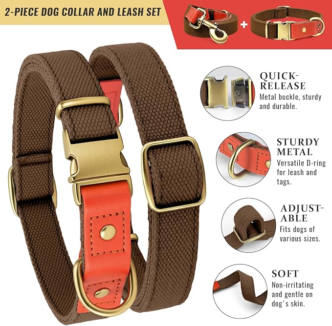 Dog Collar and Leash Set with Metal Quick Release Buckle, Adjustable, Breathable Nylon, Durable, Soft and Comfortable, No Pull for Walking and Training, Brown, XL (16.9"-26")