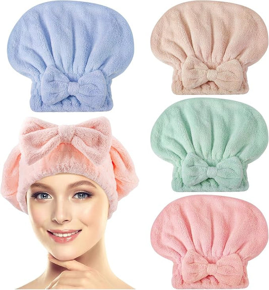 4 Pack Microfiber Hair Towel Cap,Super Absorbent Hair Towel Wrap Drying Hair Cap,Soft Microfiber Hair Drying Towel Cap with Bow-Knot,Anti Frizz Hair Turban Wrap for Curly Long Wet Hair