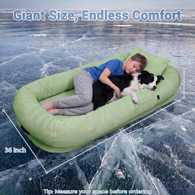 WROS Cooling Human Dog Bed for Summer, Breathable Washable Floor Lounger for People & Pets, 65"x36"x11", Pale Green, Pet Bed for Hot Weather Relaxing