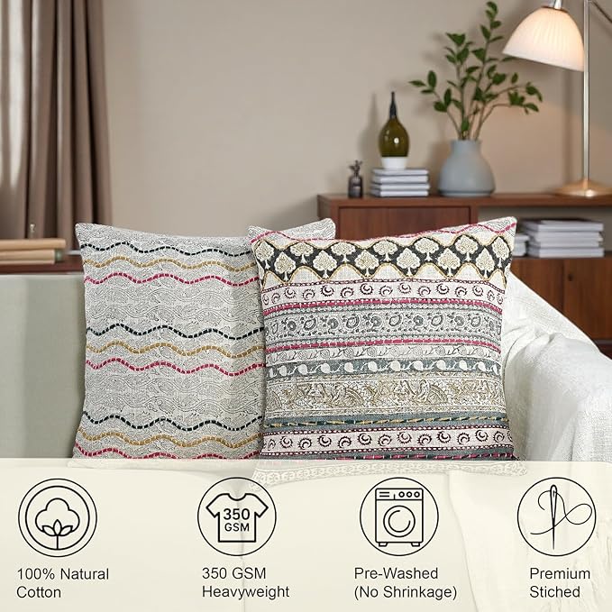 Ridhi Hand Block Print Neutral Ivory Grey Cotton TNT Cushion Cover 20x20 Decorative Throw Pillow Cover for Sofa, Living Room, Bedroom Decor, Soft, Cushion Case for Spring, Easter