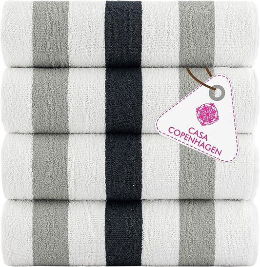 CASA COPENHAGEN Monaco Beach Towels Designed in Denmark Rough and Tough, Quick Dry, for Pool, Bath & Shower 30x60 inches 4 Pieces Cotton Beach Bath Towels Set - Charcoal Grey