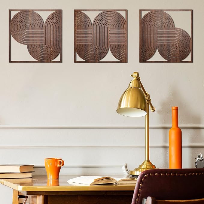 Yerliker 3 Pcs Mid Century Modern Wood Wall Art Decorations 3D Geometric Abstract Wall Sculpture for Living Room Bedroom Office Minimalist Aesthetic(Mid-century,11.81 x 11.81 x 1.97 Inch)