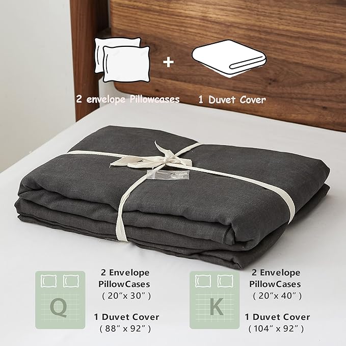 100% Linen Duvet Cover Set, 3 PCS Natural French Flax Dark Grey Duvet Cover King Size, Breathable Soft Comfy Linen Bedding Comforter Cover with 2 Pillowcases(Dark Grey, 104" x 92")