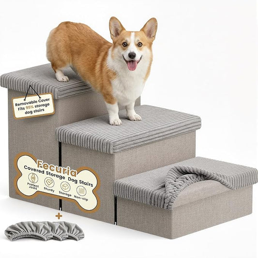 3-Step Wide Dog Stairs 18" H with Removable Cover, Non-Slip Storage Pet Steps for High Bed Couch, Pet Stairs for Small/Medium/Large Old Dogs Puppy Up to 200lbs, Cat Dog Steps for Car, Grey