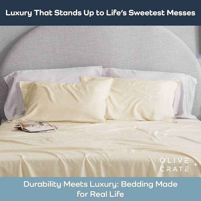 Olive + Crate Tencel Eucalyptus Pillowcases, 100% Tencel Lyocell Cooling Pillow Cases for Hot Sleepers, Hypoallergenic, Moisture-Wicking, Silk Alternative, Vegan, Standard Size Set of 2 [Butter Cream]