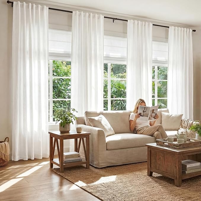 jinchan Linen Blend Curtains 96 inch Length 2 Panels for Bedroom Living Room, Floor to Ceiling 50 inch Wide Farmhouse Drapes with Rod Pocket Back Tab(50W x 96L, Off White)