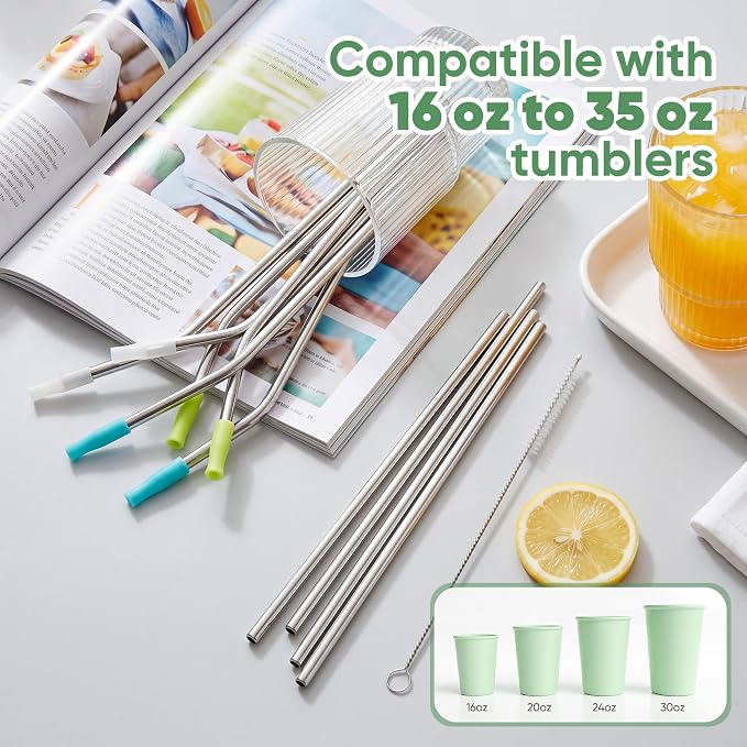 16 Pack Reusable Stainless Steel Metal Straws for 20-30 oz Tumblers, Comes with 6 Silicone Tips, 3 Cleaning Brushes & Storage Pouch, BPA Free Drinking Straws