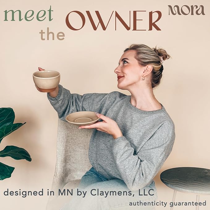 MORA Ceramic Latte Art Mug With Saucer - 10.5 oz, Round Bottom For Perfect Pours - Cafe Cups for Cappuccino, Espresso, Coffee, Tea etc - Porcelain Set for Baristas, Great Gift - Chai Latte