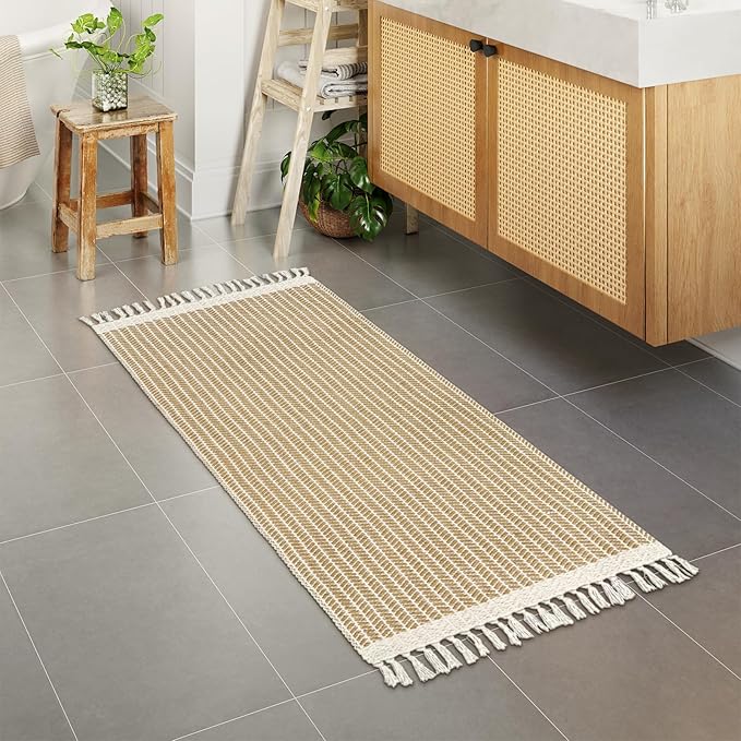 Lahome Belle Boho Bathroom Runner Rug, 2x5 Hallway Runner Rugs Washable Rugs for Entryway Indoor Door Mat with Tassels, Farmhouse Woven Cotton Low Pile Rug Runners for Hallways Laundry Room, Khaki
