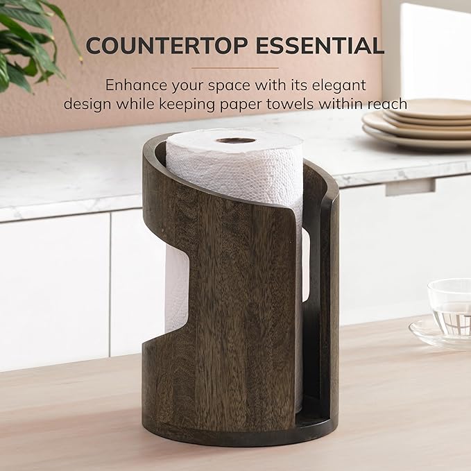 Anji Mountain Wooden Paper Towel Holder Countertop with Mango Wood Round Base and Iron Holder, Holder Stand for Kitchen Roll Organizer & Kitchen Dining Table Home Decor - Chocolate/Black, Arc Hold