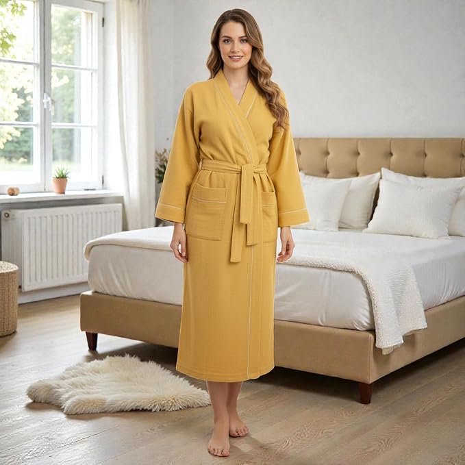 COTSILER Cotton Waffle Bathrobe for Women – Lightweight Spa Robe with Belt & Front Pockets