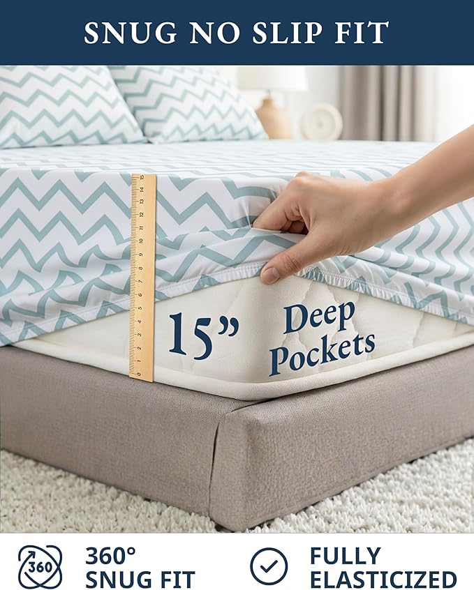 LANE LINEN 100% Organic Cotton Twin Size Bed Sheets, Fully Elasticized Mercerised Cotton Naturally Cooling Twin Bed Sheets Machine wash Ecor Friendly Prined Deep Pocket Sheets -Chevron