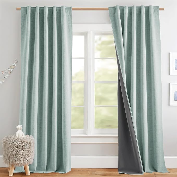 NICETOWN Seafoam Green 100% Blackout Back Tab Curtains 84" Long 2 Panels, Boho-Chic Thick Linen Blend Drapes, Thermal Insulated Window Draperies with White Backing for Living Room (42" Wide)