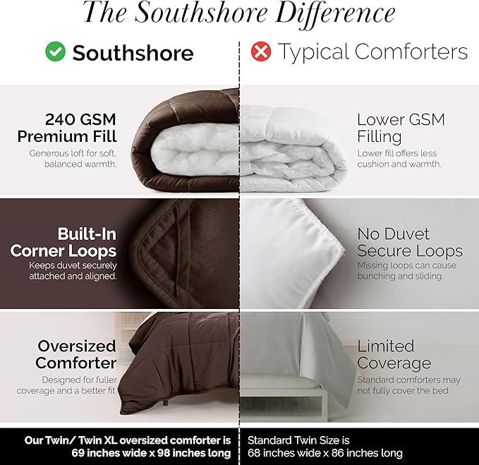 Southshore Fine Living, Inc. Twin Comforters, Oversized Bedding, Down-Alternative Brown Comforter/Bedspread Twin Size, Fluffy Comforter, Easy Care, Pet Hair Resistant Bedding, Chocolate Brown
