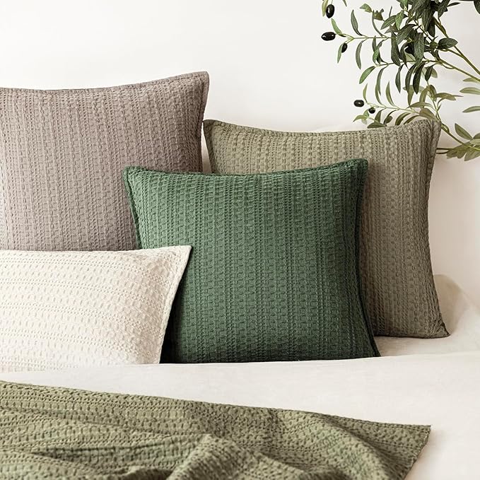 Foindtower Set of 2 Decorative Cotton Waffle Weave Lumbar Throw Pillow Covers Euro Shams Cushion Covers Accent European Pillowcase for Bed Couch Bedroom Living Room Home Decor 12×20 Inch Dark Green