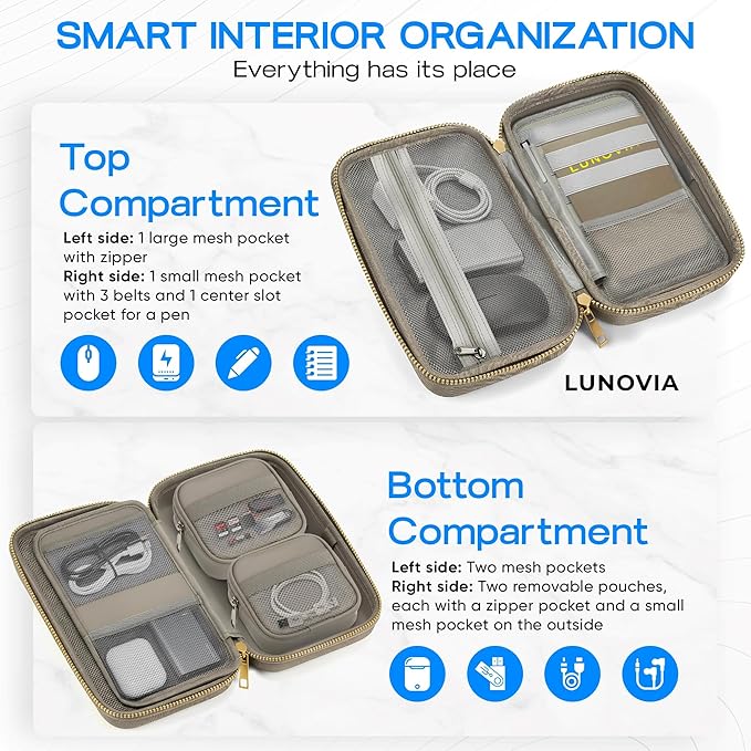 Mid-Size Tech Organizer with Removable Pouches – Hard Shell Travel Case for Cables, Chargers & Accessories | Electronics Organizer for Travel