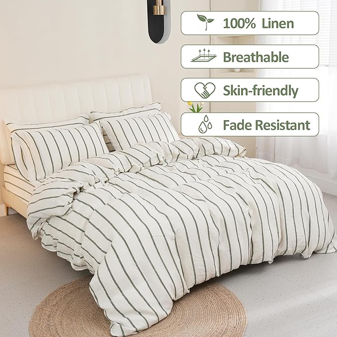 S VICTORY SYMBOL 100% Organic Linen Duvet Cover Set,Yarn Dyed Green Vertical Stripe French Natural Flax Bedding Set Queen Size,3pcs Farmhouse Comforter Cover Set