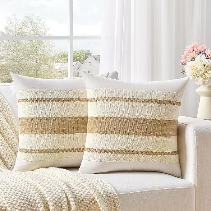 Fancy Homi Set of 2 Tan Neutral Decorative Throw Pillow Cover 22x22 Inch for Couch Bed Sofa, Aesthetic Modern Organic Farmhouse Boho Home Decor, Soft Cotton Cute Accent Macrame Woven Cushion Case Gift