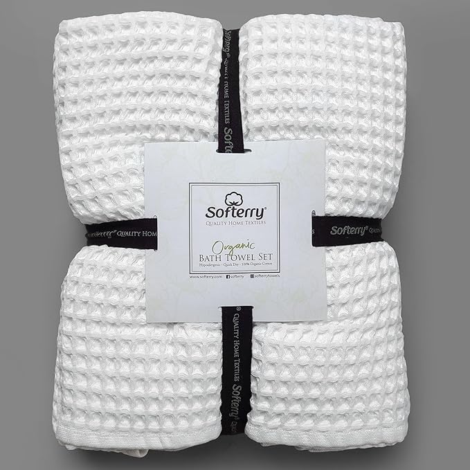 Softerry European Waffle Weave Bath Towel Set of 8-100% Organic Cotton - Quick Dry Lint Free Thin and Absorbent - Fade Resistant - Eco-Friendly (White)