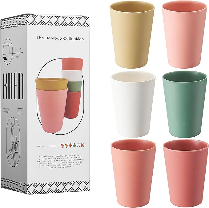 Wheat Straw & Bamboo Cups | Set of 6 Unbreakable 12oz Drinking Glasses, Premium, Reusable & Dishwasher Safe, 6 Vibrant Colors for Water, Juice or Coffee, Eco-Friendly Alternative to Plastic Glassware