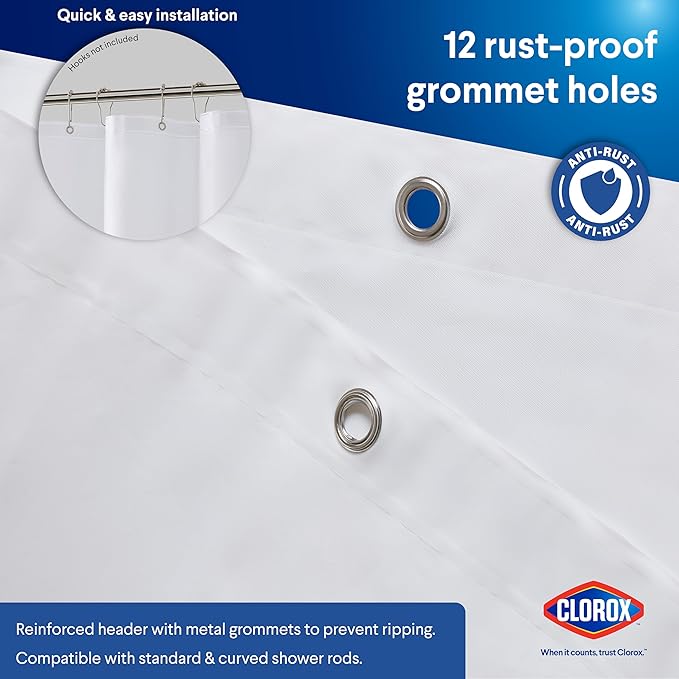 Clorox Shower Curtain Liner, Premium Lightweight Flexible Waterproof 8g PEVA for Bathroom with Weighted Magnets, Standard Size 72" x 72", White 1 Pack