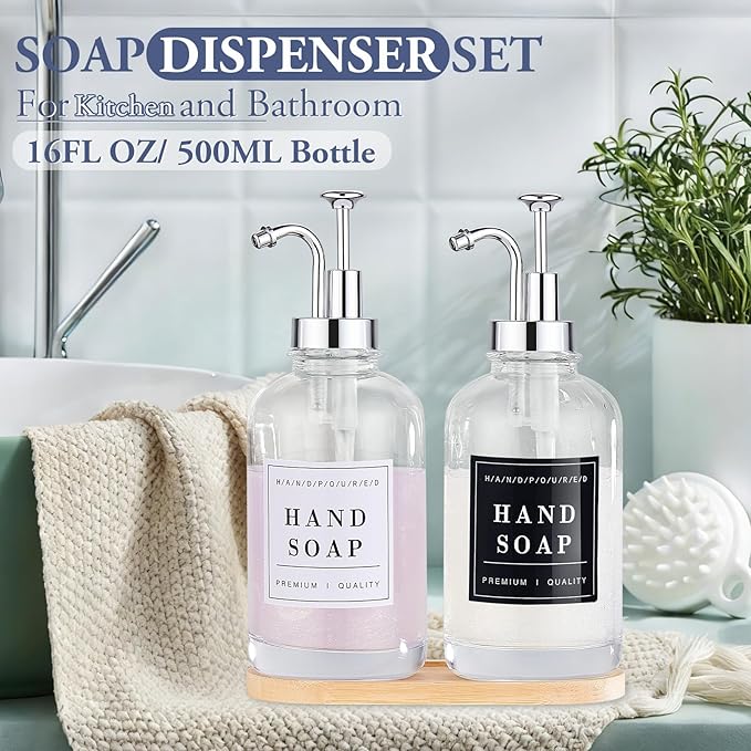 Glass Soap Dispenser with Pump,Tray,Funnel, Countertop Soap and Lotion Dispenser Set of 2 with 60 Stickers, Dish and Hand Soap Dispenser Bottle for Kitchen,Bathroom,Shower, 500ml/16.9oz