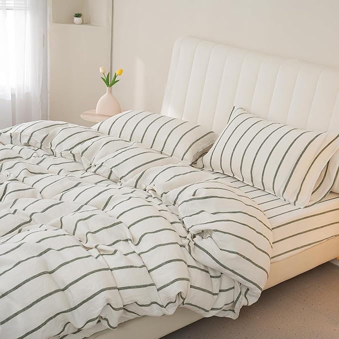 S VICTORY SYMBOL 100% Organic Linen Duvet Cover Set,Yarn Dyed Green Vertical Stripe French Natural Flax Bedding Set,3pcs Farmhouse Comforter Cover Set Full Size