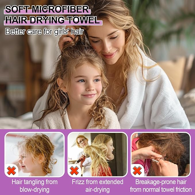 MADHOLLY Fast Drying Microfiber Hair Towel for Kids Women - 3 Packs Soft Super Absorbent Hair Towel Wrap with Button, Anti-Frizz Turban for Thicker Curly Long Hair, Mermaid Gift for Girls