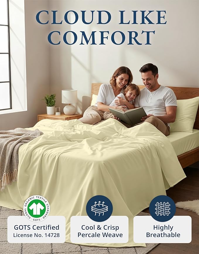 LANE LINEN , Eco Friendly 100% Organic Cotton Sheets Queen Size Bed Set, Soft & Comfy Fully Elasticized Percale Sheets, Fade Resistant Low Pill 15" Deep Pocket Queen Sheet Set – Vanilla