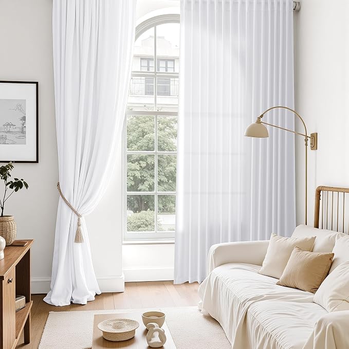 Snow White Linen Curtains 72 Inches Long for Living Room Light Filtering Semi Sheer Curtain Back Tab Luxury Neutral Coastal Modern Farmhouse Decor Drapes for Bedroom Dinner Room 52x72, 2 Panels