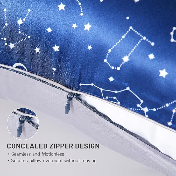 THXSILK Set of 2 Natural Mulberry Silk Pillowcase for Hair and Skin Heath, Grade 6A+ Mulberry Silk Hypoallergenic Pillow Cover with Zipper (King 20"x36", Navy Blue Constellation Pattern)