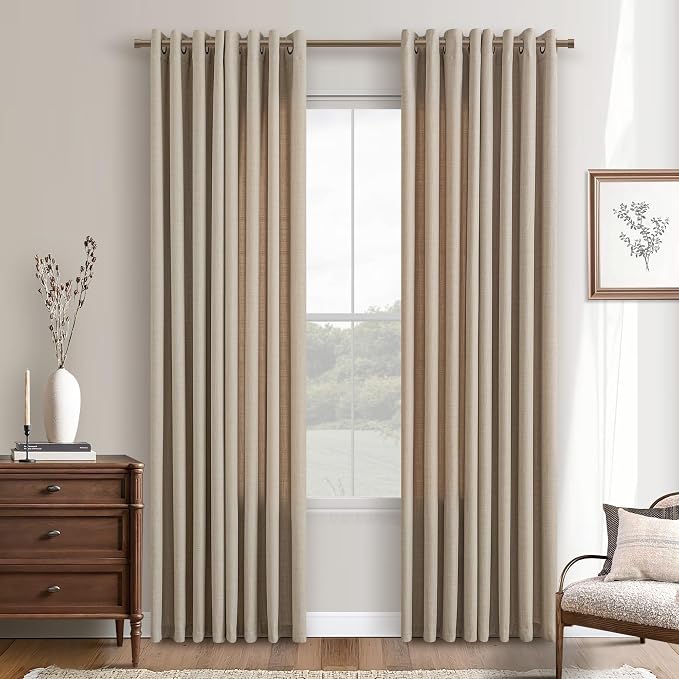 Burlawood Birch 92 Inch Curtains for Bedroom Bronze Grommet Flax Linen Semi Sheer Privacy Non See Through Drapes Boho Neutral Cottagecore Modern Bay Window Curtains 92 Inches Long for Living Room