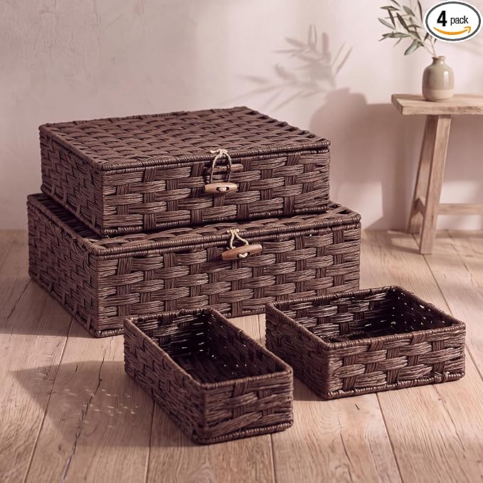 Newtay Set of 4 Woven Wicker Storage Baskets with Lids, Decorative Storage Boxes Lidded Rattan Organizer Bin Home Decor for Shelf, Coffee Table, Closet, Bathroom, Living Room(Plastic,Brown)