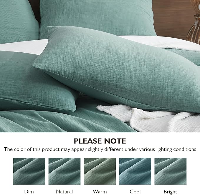 EMME Muslin Cotton Duvet Cover Set Teal Queen Size Linen Like Soft Breathable Lightweight Summer Comforter Cover Set with Zipper Closure (Teal, Queen, 90"x90")