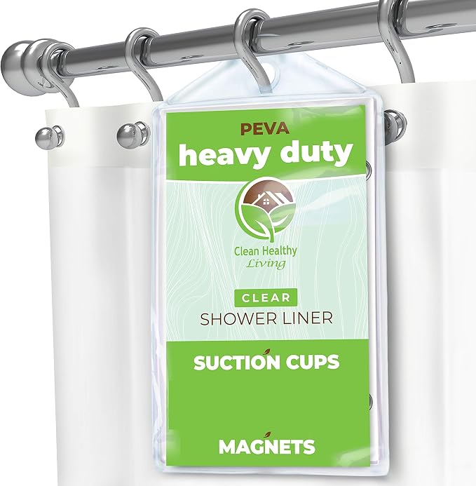 Clean Healthy Living Heavy Duty PEVA Clear Shower Curtain Liner with Magnets & Suction Cups - 70 X 72 in. Long