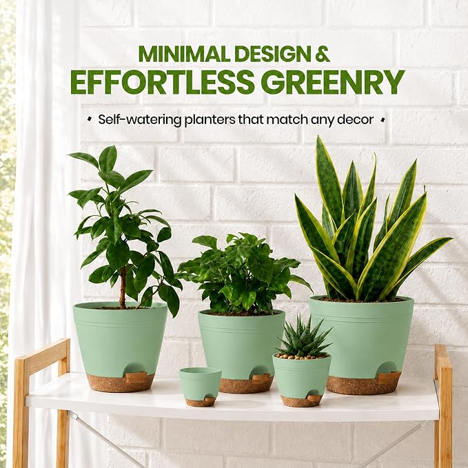 Utopia Home Self Watering Pots for Indoor Plants, Planters for Indoor Plants, Multi-Size Flowerpot, Set of 5 Plant Pots with Drainage & Reservoir, 6.8"/6.4"/5.9"/5.5"/4.9" (Olive Green)