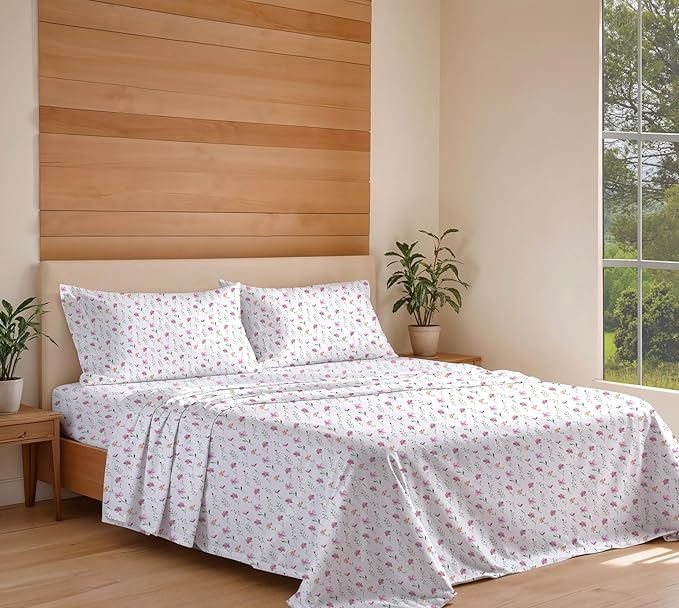 RUVANTI 100% Cotton Organic Percale Sheets King Size – Crisp Cooling Bed Sheets for Hot Sleepers, Deep Pocket 15”, Soft Peach Finish, Breathable & Durable Hotel-Style 4 Pcs, Obsessed Stems