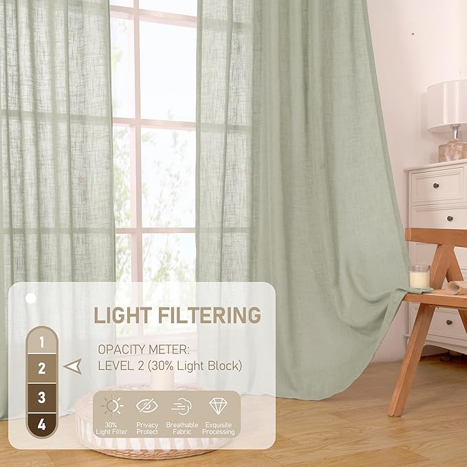 LAMIT Sage Grey Linen Boho Curtains 68 inch Length 2 Panels, Light Filtering Semi Sheer Panels Back Tab and Rod Pocket Neutral Drapes for Bedroom/Living Room, 52 x 68 Inch