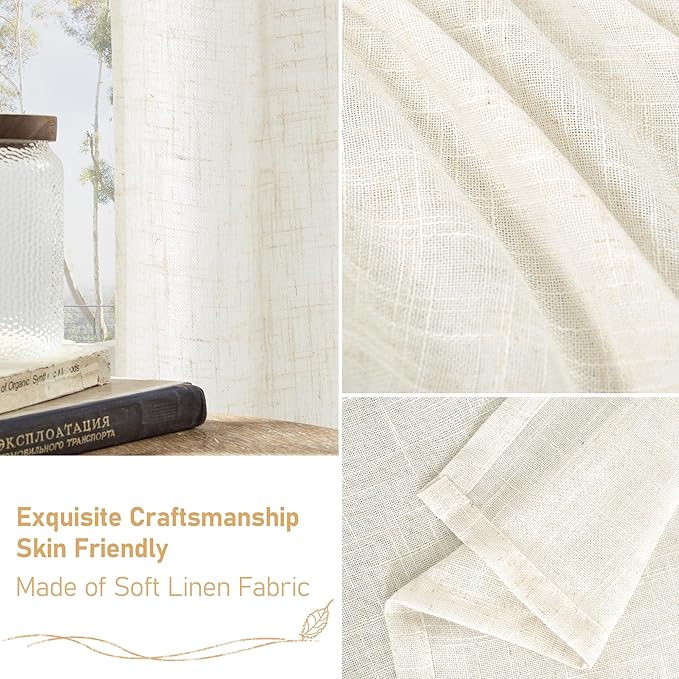 LAMIT Cream Linen Semi Sheer Curtains 48 Inch for Bedroom, Light Filtering Neutral Window Curtains Farmhouse Boho Back Tab and Rod Pocket Panels, 2 Panels, 52 x 48 Inch