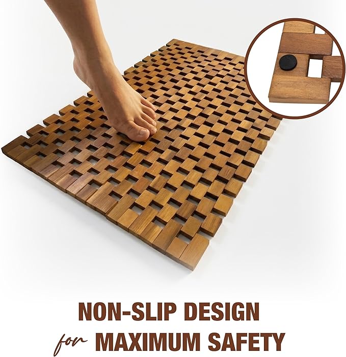 Acacia Wood Bath Mat - Non Slip Sturdy Wooden Bathroom Mat - Large Outdoor Shower Mat for Indoor & Outdoor Shower, Spa, Sauna, Cold Plunge, Camping 16" x 24"