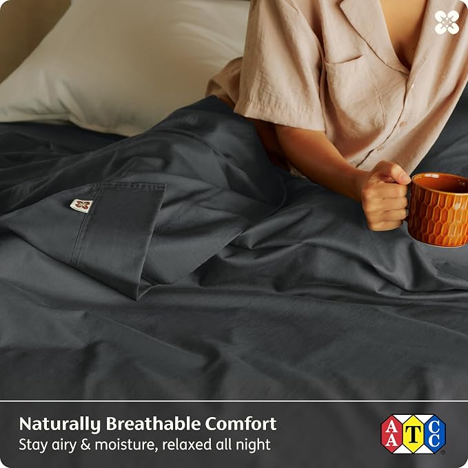 Bedsure 100% GOTS Certified Organic Cotton Sheets, Queen Sheet Set, 17" Deep Pocket Bedsheets with Corner Straps, Eco-Friendly, Soft, Breathable & Luxury PureWoven Cotton Hotel Bedding, 4PCS, Charcoal